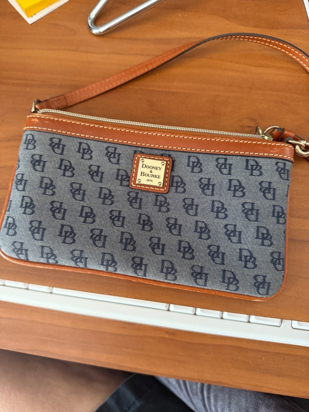 Dooney & Bourke Navy and Tan Logo Wristlet